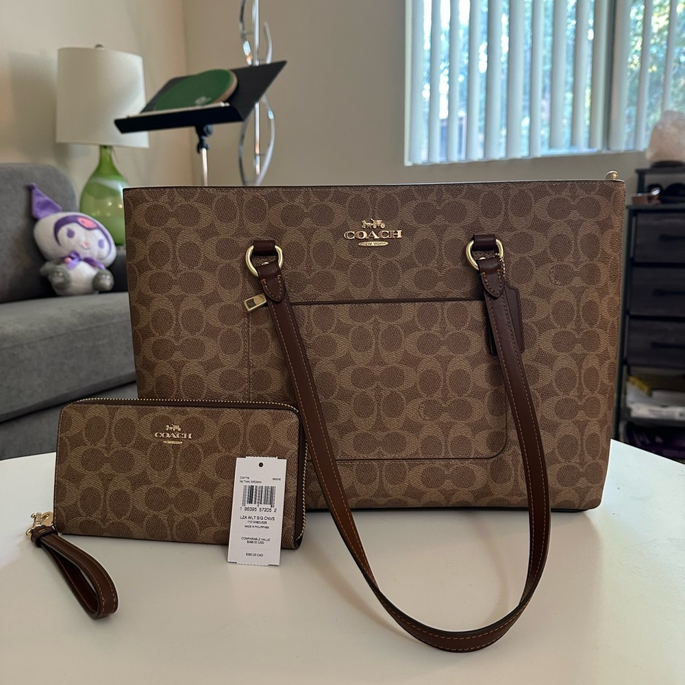 Coach Tan and Brown Signature Tote with Wristlet